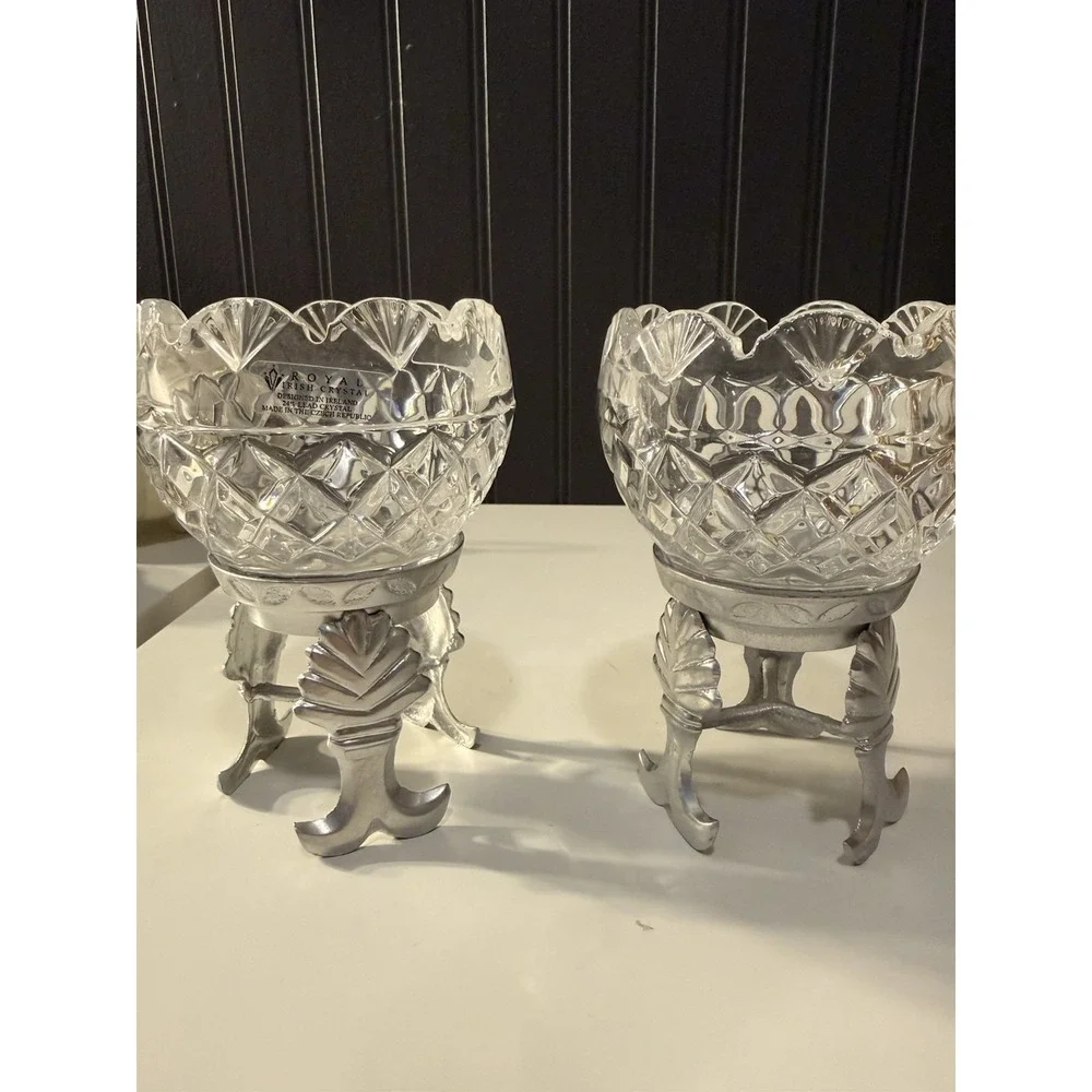 Royal Irish Lead  Crystal On Silver Leaf Stand Used For Candy, Candles Or Holder